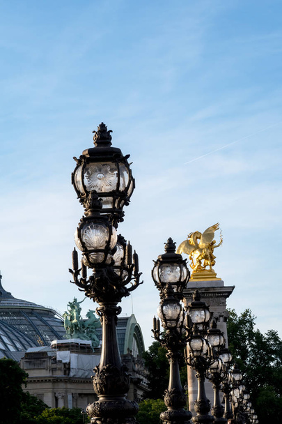 Art Nouveau lamps on Pont Alexandre III - Paris, France - Photo, image
