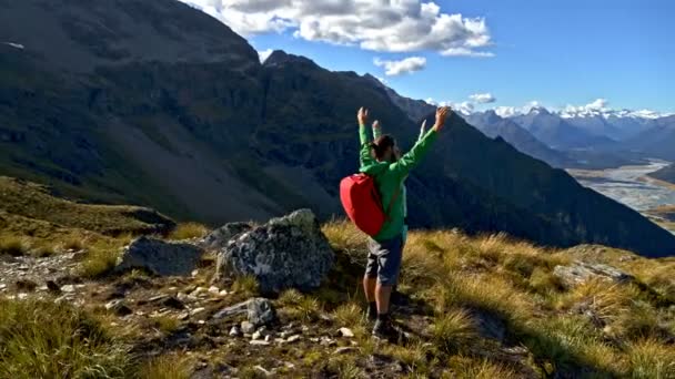 Légi zúg a kaukázusi Férfi és női túrázók ünneplő elérése siker-hegy tetején a Mount törekvő Új-Zéland - Felvétel, videó