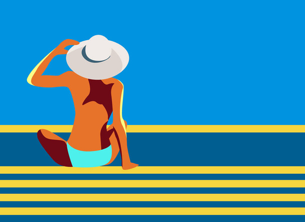 une affiche rétro vectorielle avec une fille dans un grand chapeau assis sur la piscine ou la plage. Une femme de dos regardant la mer
 - Vecteur, image