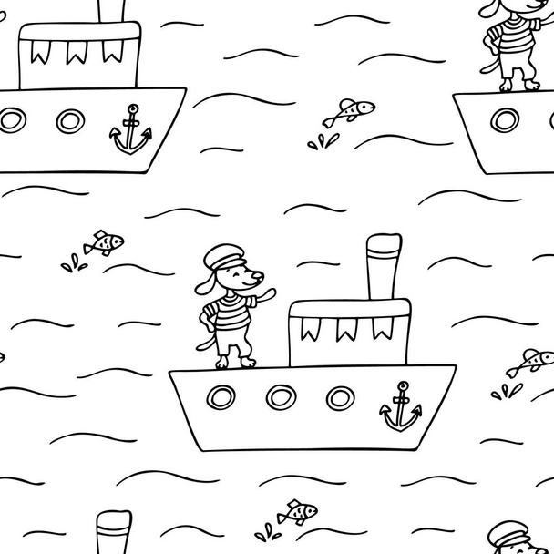 Hand drawn seamless pattern with cute dog on a ship. - Vector, imagen