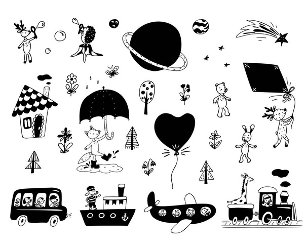 Clip art csoportja, aranyos állatok, közlekedés, virágok, fák, kis ház, bolygók. Vektoros illusztráció. - Vektor, kép