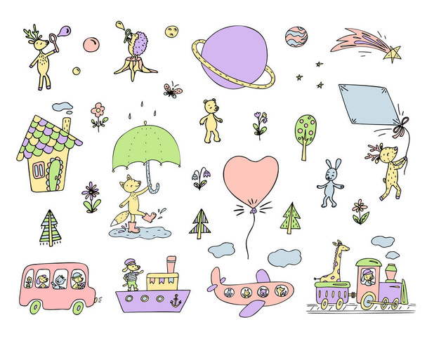 Клип-арт набор милых животных, транспорта, цветов, деревьев, домика, планет. Векторная иллюстрация
. - Вектор,изображение
