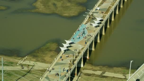 Aerial view of the Continental Bridge Trinity river tourist pedestrian Park elevated highway downtown Dallas Texas USA - Footage, Video