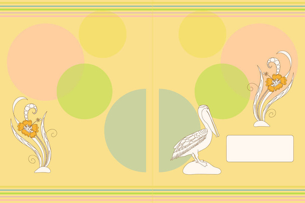 Cover ontwerp met cartoon pelikaan en bloemen voor versieren notitieblok voor leerling schetsboek, beurt, album, dagboek, onderwijs boek, brochure titel blad. Voorbladsjabloon A5 met rug. EPS-10 - Vector, afbeelding