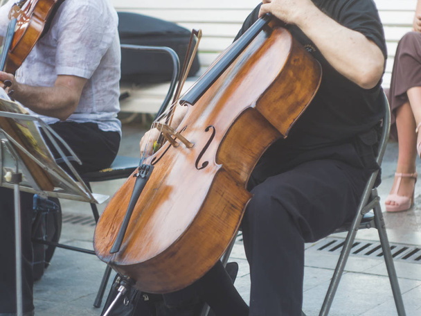 cellist musician group perform music in the street, close up man playing violin - Photo, Image