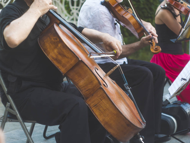 violonchelista grupo de músicos realizar música en la calle, primer plano hombre tocando el violín
 - Foto, Imagen