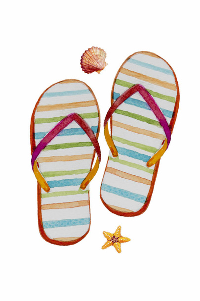 Viaje en verano con zapatillas de playa de mar. Acuarela pintura ilustración de par de sandalias, estrellas de mar, mariscos sobre fondo blanco, colección de elementos de diseño aislados
 - Foto, Imagen