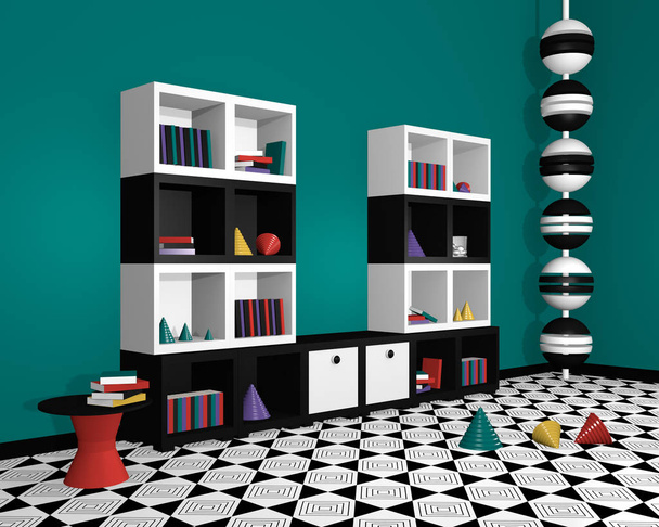 nowoczesny salon: półka z dekoracjami w czerni i bieli z boku. renderowania 3D - Zdjęcie, obraz