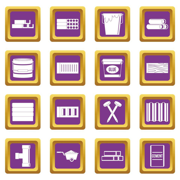 Building materials icons set purple - Διάνυσμα, εικόνα