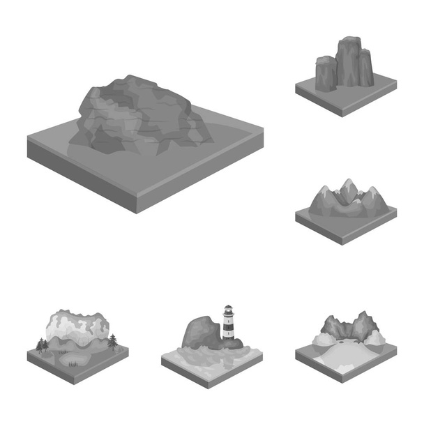 Mountains, massive monochrome icons in set collection for design. The surface of the earth vector isometric symbol stock web illustration. - Wektor, obraz