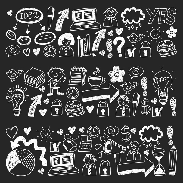 Social media and business icons. Patterns on black backgroud. Chalk illustration on blackboard. Management, teamwork. - Vector, Image