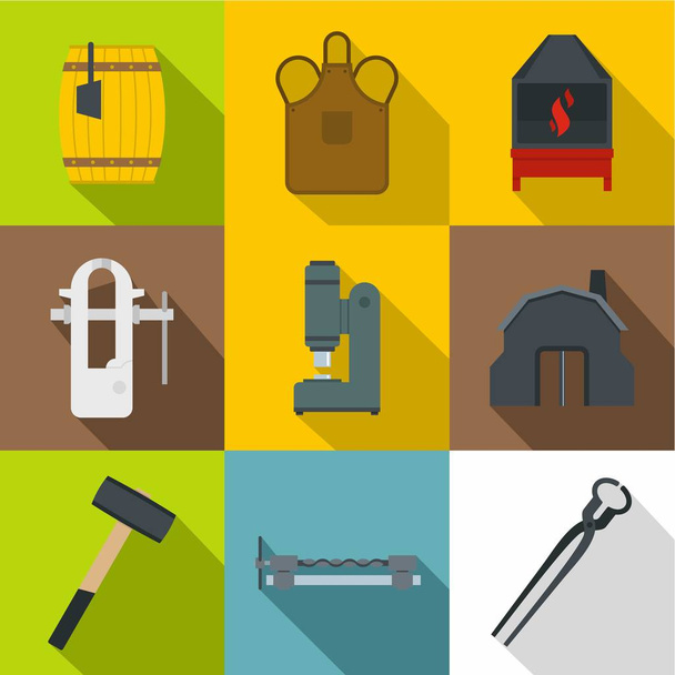Blacksmith accessories icons set, flat style - Vector, Image