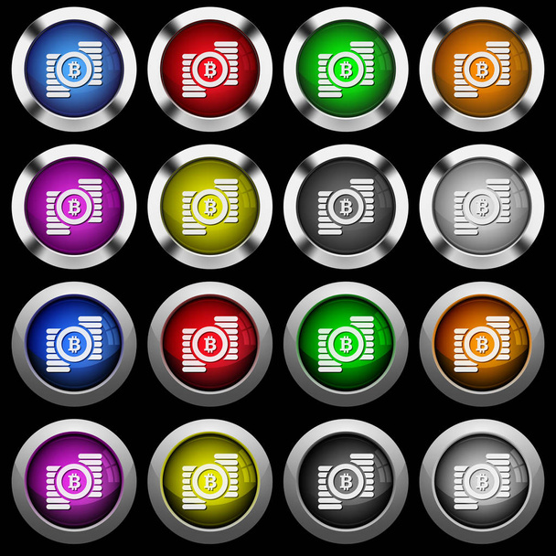 Bitcoins iconos blancos en botones redondos brillantes con marcos de acero sobre fondo negro. Los botones están en dos estilos diferentes y ocho colores
. - Vector, Imagen