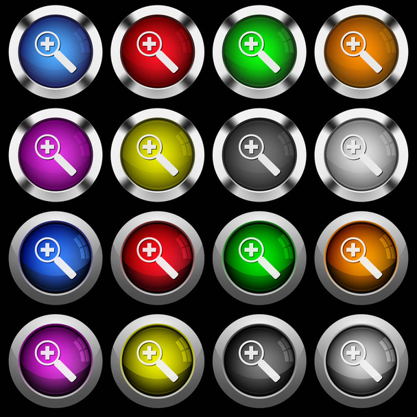 Zoom en iconos blancos en botones redondos brillantes con marcos de acero sobre fondo negro. Los botones están en dos estilos diferentes y ocho colores
. - Vector, Imagen