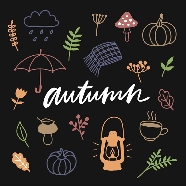 Autumn doodle set. Cozy fall collection of hand drawn elements. Leaf, pumpkin, umbrella, mushroom, berries, cup of hot drink, cloud, rain, scarf, lamp. Vector. - Vector, Image