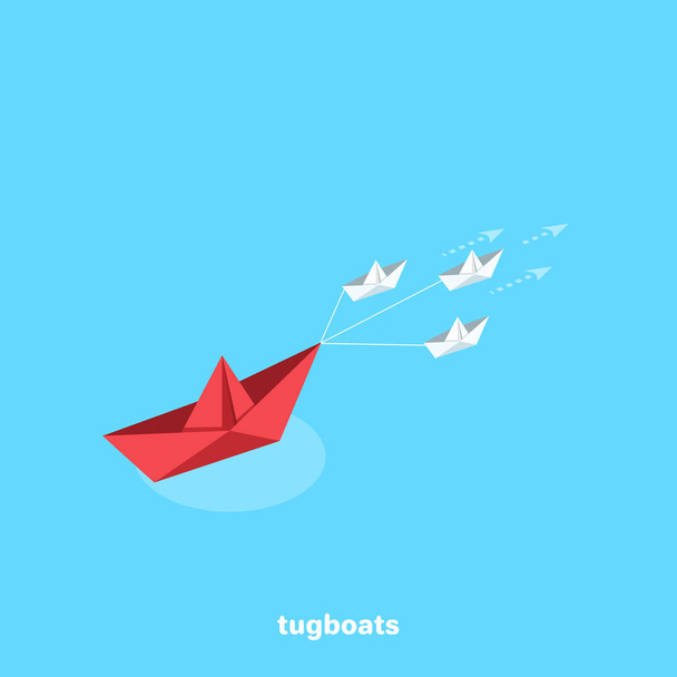small paper ships tow a large red boat, an isometric image - Vector, Imagen