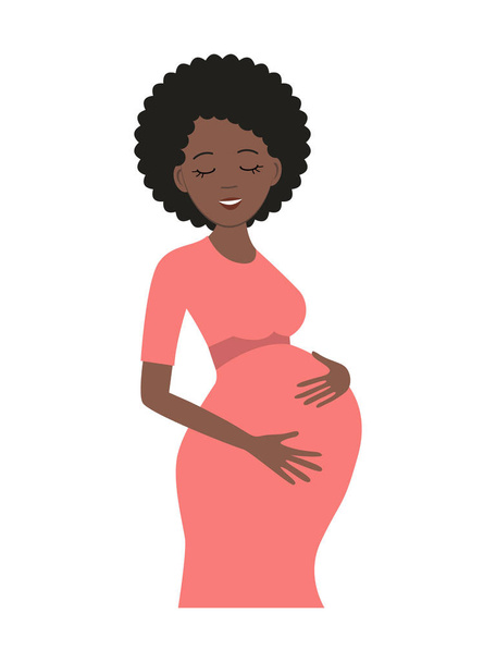 Mujer embarazada linda en vestido rosa aislado sobre un fondo blanco. Una mujer negra sonriente sostiene sus manos sobre su estómago. Ilustración vectorial en estilo de dibujos animados
 - Vector, imagen