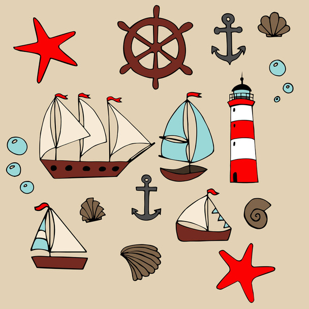 Sea set. Bright cartoon illustration for children's greeting card design, fabric and wallpaper. - Vector, afbeelding