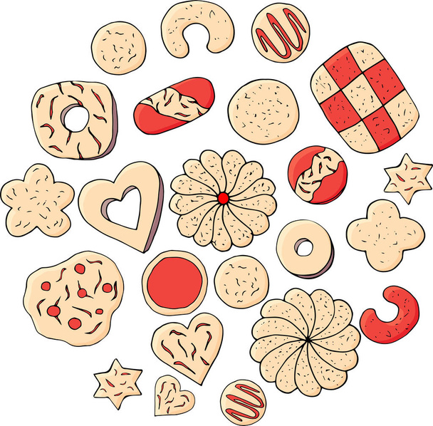 Set of hand drawn cookies. hand drawn illustration on white background. Bright cartoon illustration for children's greeting card design, menu, fabric and wallpaper. - Vector, Image