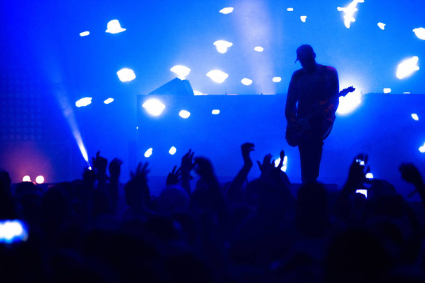 Slihouette van een gitarist op het podium en applaudisseren concert menigte - Foto, afbeelding