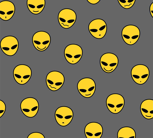 Aliens, seamless pattern, color, gray, yellow, different emotions, vector. Yellow faces of aliens on a gray field. Decorative seamless pattern. Vector image.  - Вектор,изображение