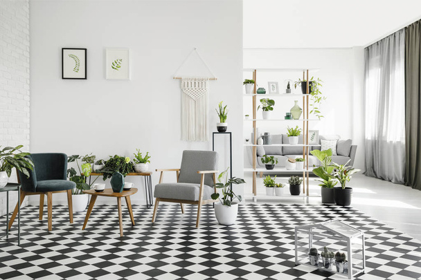 Wooden table between armchairs on checkered floor in white living room interior with plants. Real photo - Fotó, kép