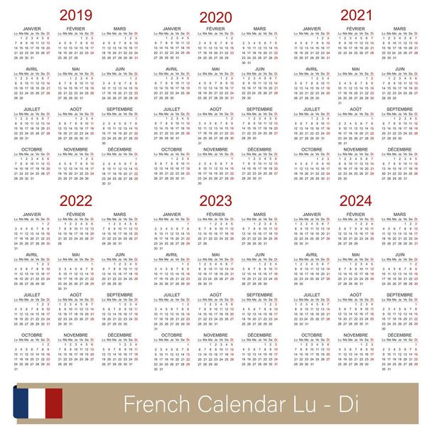 French calendar 2019 - 2024, week starts on Monday, simple calendar template for 2019, 2020, 2021, 2022, 2023 and 2024, printable calendar templates, vector illustration - Vector, Image