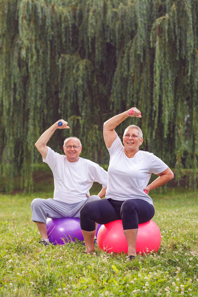 Usmívající se pár důchodce dělá fitness cvičení na fitness míče v parku - Fotografie, Obrázek