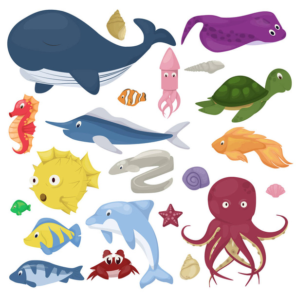 Tengeri állatok vector víz növények óceán hal rajzfilm ábra alatti víz tengeri vízi karakter élet. - Vektor, kép