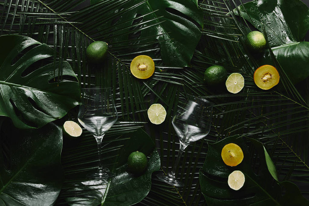 két üres üvegek, a friss gyümölcs és a zöld trópusi levelek felülnézet  - Fotó, kép