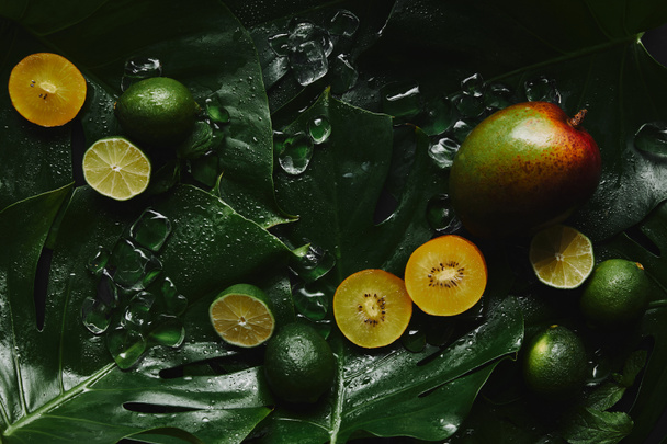 top view of fresh ripe fruits, ice cubes and green tropical leaves on black  - Fotó, kép