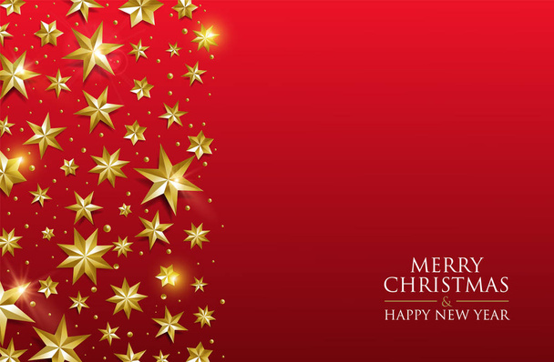 Χαρούμενα Χριστούγεννα και Ευτυχισμένο το νέο έτος πολυτελές χρυσό αστέρι διακόσμησης σε γιορτινό κόκκινο φόντο. Ιδανικό για ευχετήρια κάρτα ή πρόσκληση σε πάρτι γιορτής κομψό. Eps10 διάνυσμα - Διάνυσμα, εικόνα