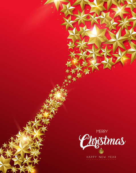 Καλά Χριστούγεννα και Ευτυχισμένο το νέο έτος κομψό ευχετήρια κάρτα με μπουκάλι σαμπάνιας εικονογράφηση έκανε χρυσά αστέρια. Πολυτελή Ενοικιαζόμενα κόμμα σχεδιασμού. Eps10 διάνυσμα. - Διάνυσμα, εικόνα
