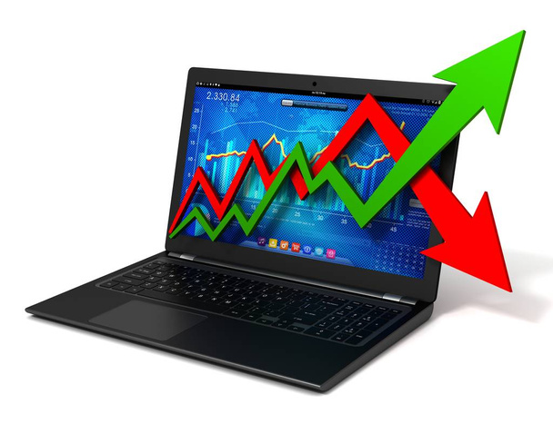 laptop en zakelijke financiën grafiek 3d illustratie - Foto, afbeelding