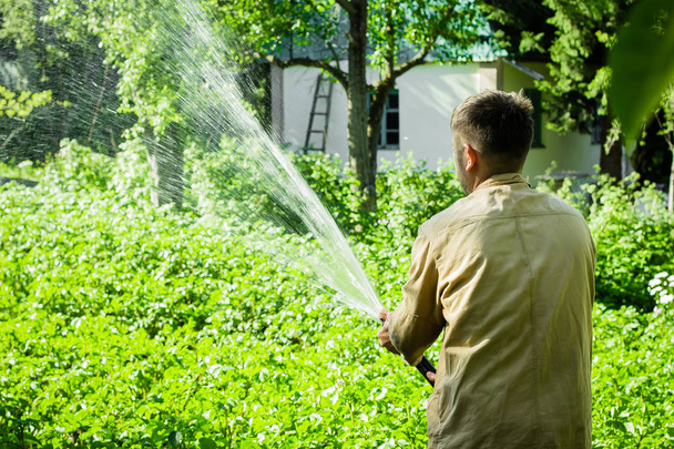 young man watering the garden. Nature - Foto, afbeelding