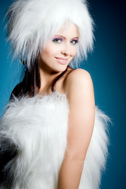 Sexy woman wering white fur - 写真・画像