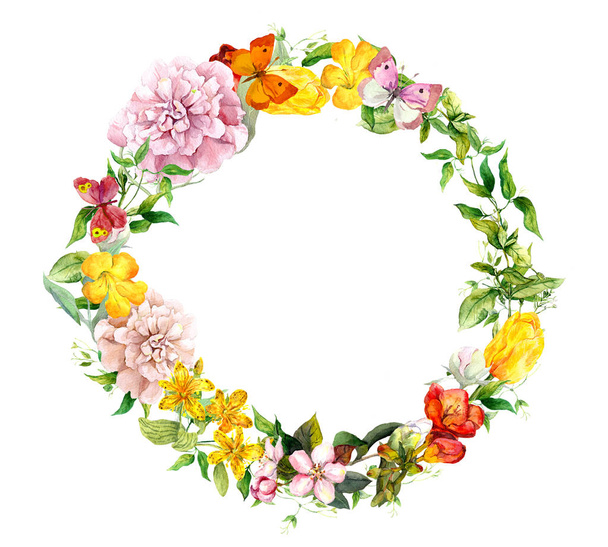 Floral wreath - blooming flowers, field grass. Watercolor round border - Zdjęcie, obraz