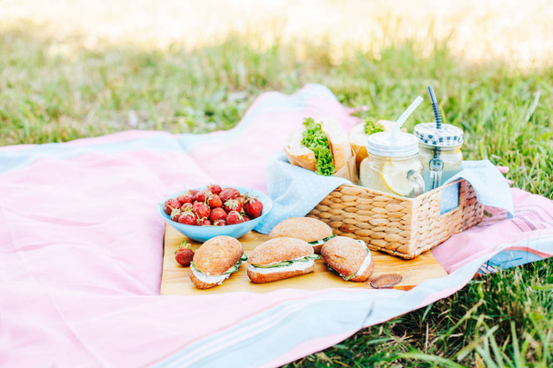 Fast food and diet. Berries and sandwiches on picnic. - Photo, Image