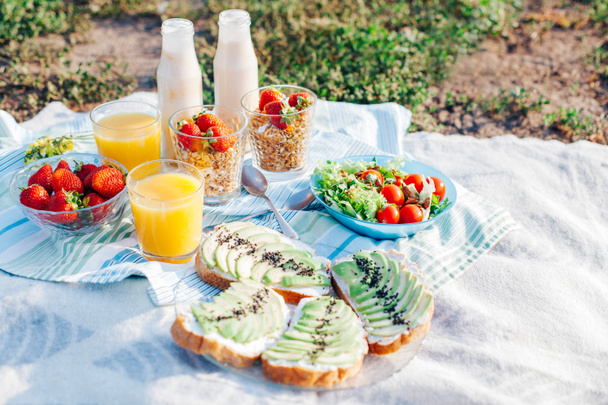 Healthy eating. Dietary breakfast. Picnic in the park. - Photo, Image