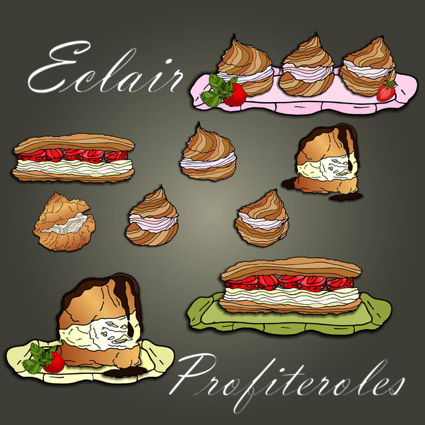 Eclairs, profiteroles and cakes on a green background  - Vector, Image