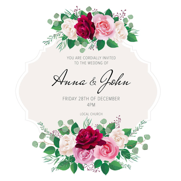 Wedding floral template collection.Wedding invitation, thank you card, save the date cards with red, pink and white roses. Vector illustration. EPS 10 - Vector, Image