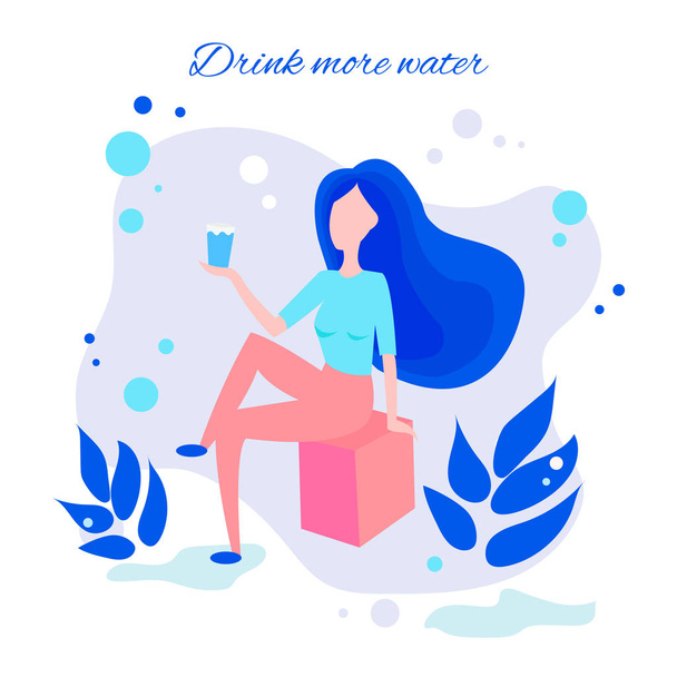 Egy lány iszik víz keresztül szalmát. Gyönyörű dinamikus lány vízzel. Egészséges életmód fogalma. Vektor rajzfilm illusztráció elszigetelt fehér background.  - Vektor, kép