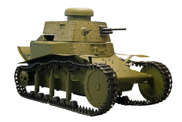 velho pequeno tanque do início do século XX com armadura rebitada, isolado
 - Foto, Imagem
