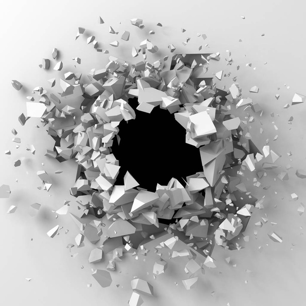 Σκοτεινή καταστροφή ραγισμένα τρύπα στο λευκό πέτρινο τοίχο. 3D απεικόνιση απόδοσης - Φωτογραφία, εικόνα