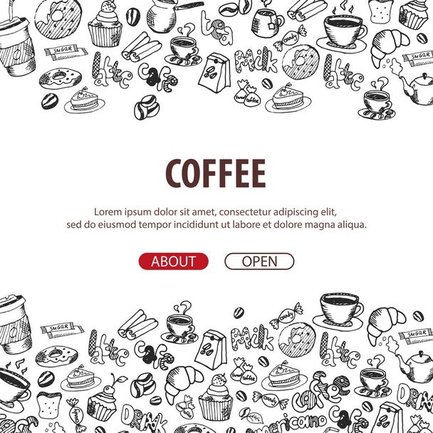 Coffee banner with the hand-draw doodle elements on the background. Coffee template for ads. - Vector, afbeelding