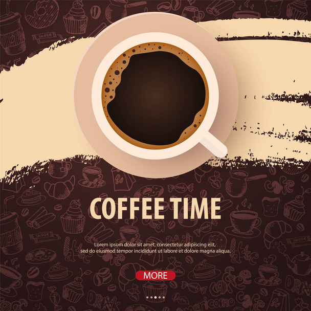 Cup of Black coffee with the hand-draw doodle elements on the background. Coffee banner for ads. - Vektor, kép