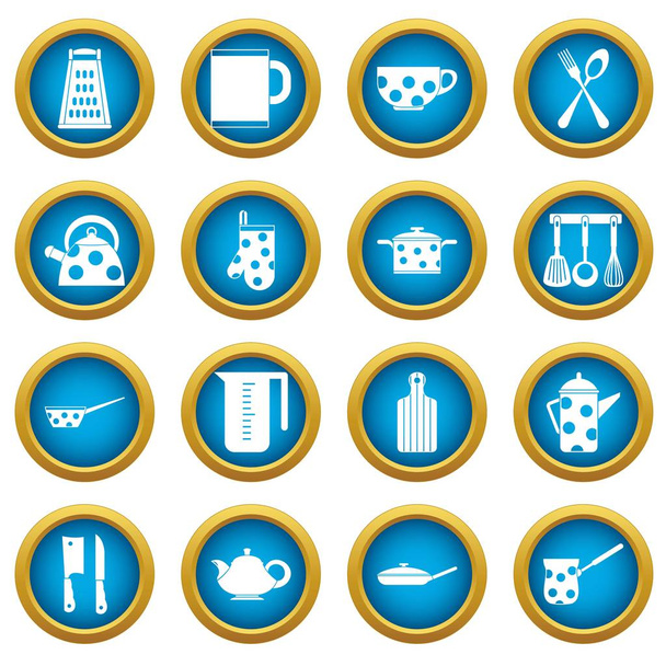 Kitchen tools and utensils icons blue circle set - Wektor, obraz