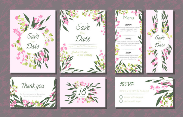 Floral Wedding Invitation with Vector Eucalyptus Leaves, Forest Herbs, Elegant Decorative Flowers. Vintage Invite, Menu, Rsvp, Thank You Label. Save the Date Card. Wedding Invitation in Pastel Colors. - Vector, Image