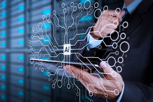 Artificial Intelligence (AI),machine learning with data mining technology on virtual dachboard.businessman hand using tablet computer and server room background. - Photo, Image
