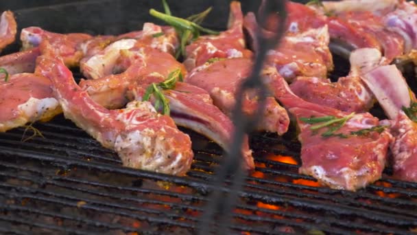 Grilled steak. Ribs on grill. Close up. - Footage, Video